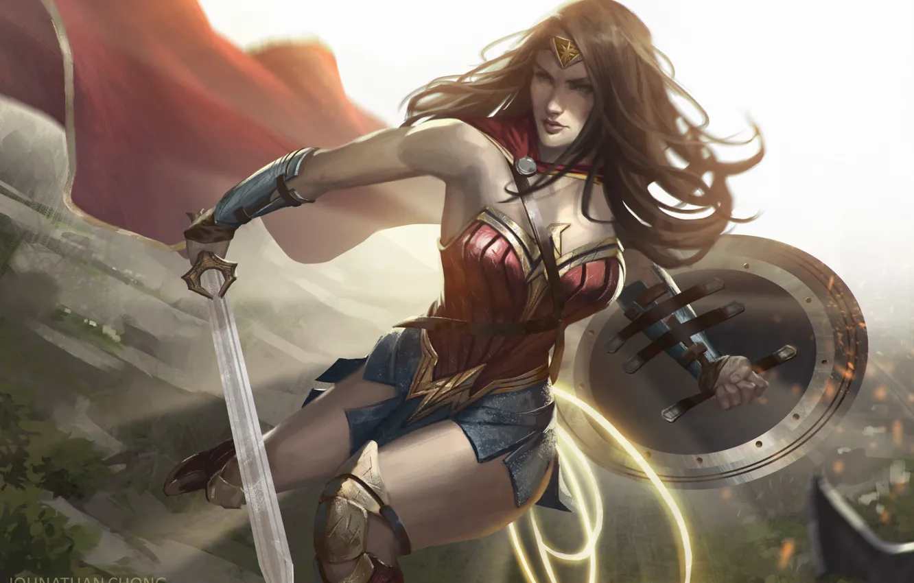 Photo wallpaper Figure, Hair, Sword, Costume, Hero, Brunette, Cloak, Wonder Woman