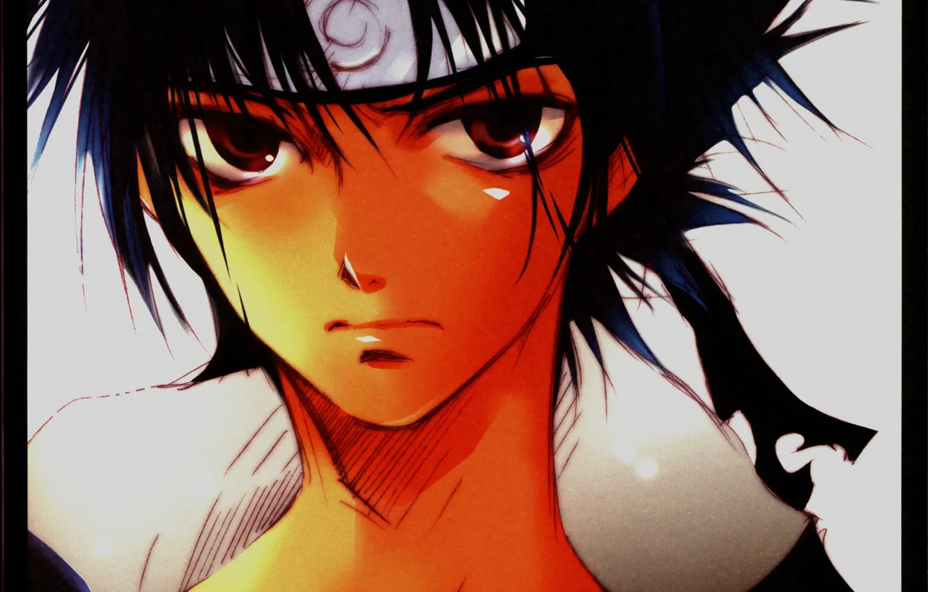 Photo wallpaper look, face, boy, Sasuke Uchiha, Naruto Shippuden, bandage on forehead, the emblem of Konoha