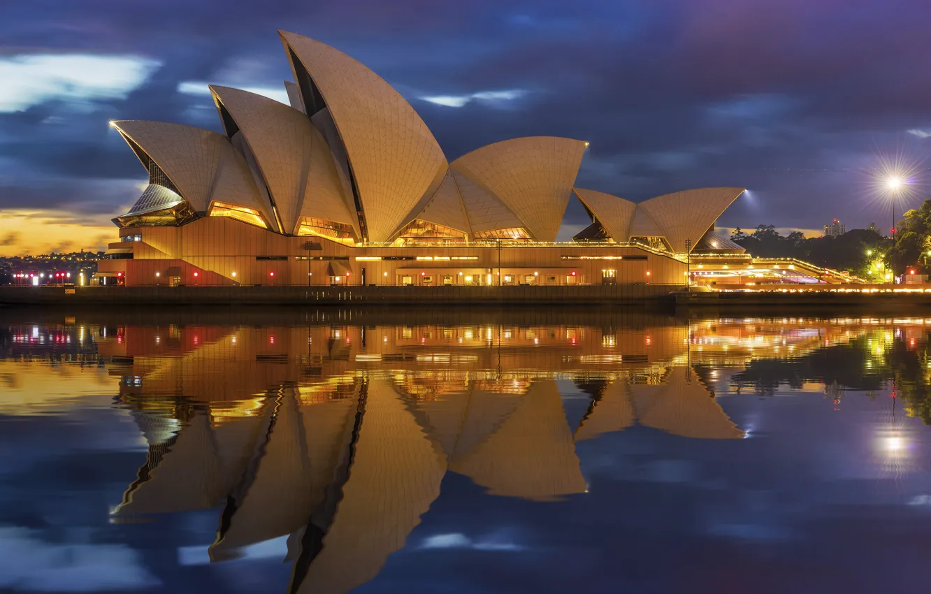 Photo wallpaper water, the city, reflection, lighting, Australia, theatre, Sydney, architecture
