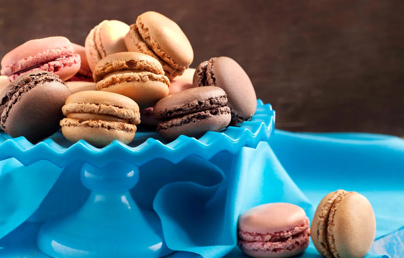 Photo wallpaper blue, food, cookies, colorful, dessert, tablecloth, macaroon