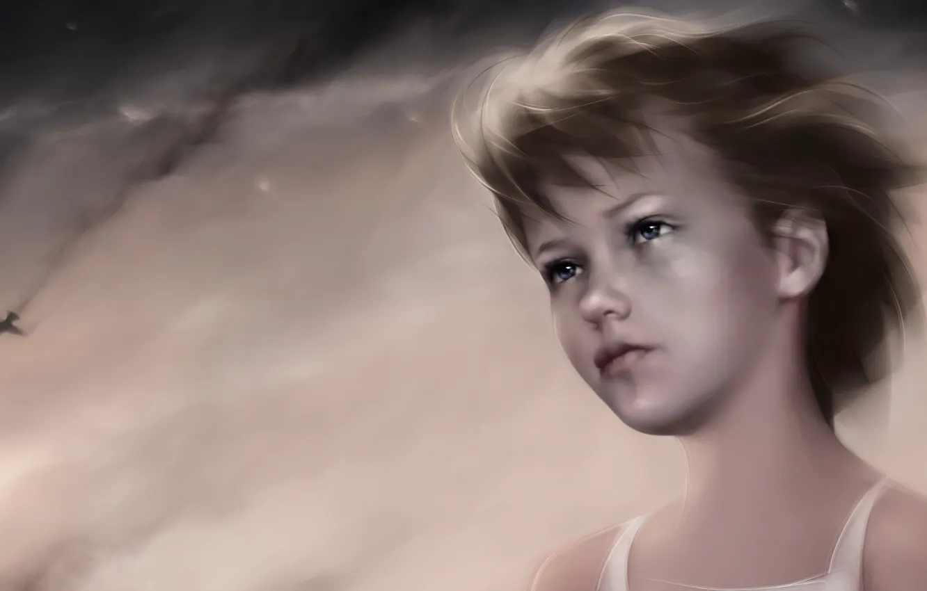 Photo wallpaper girl, clouds, sunset, fire, dandelion, war, smoke, the crash