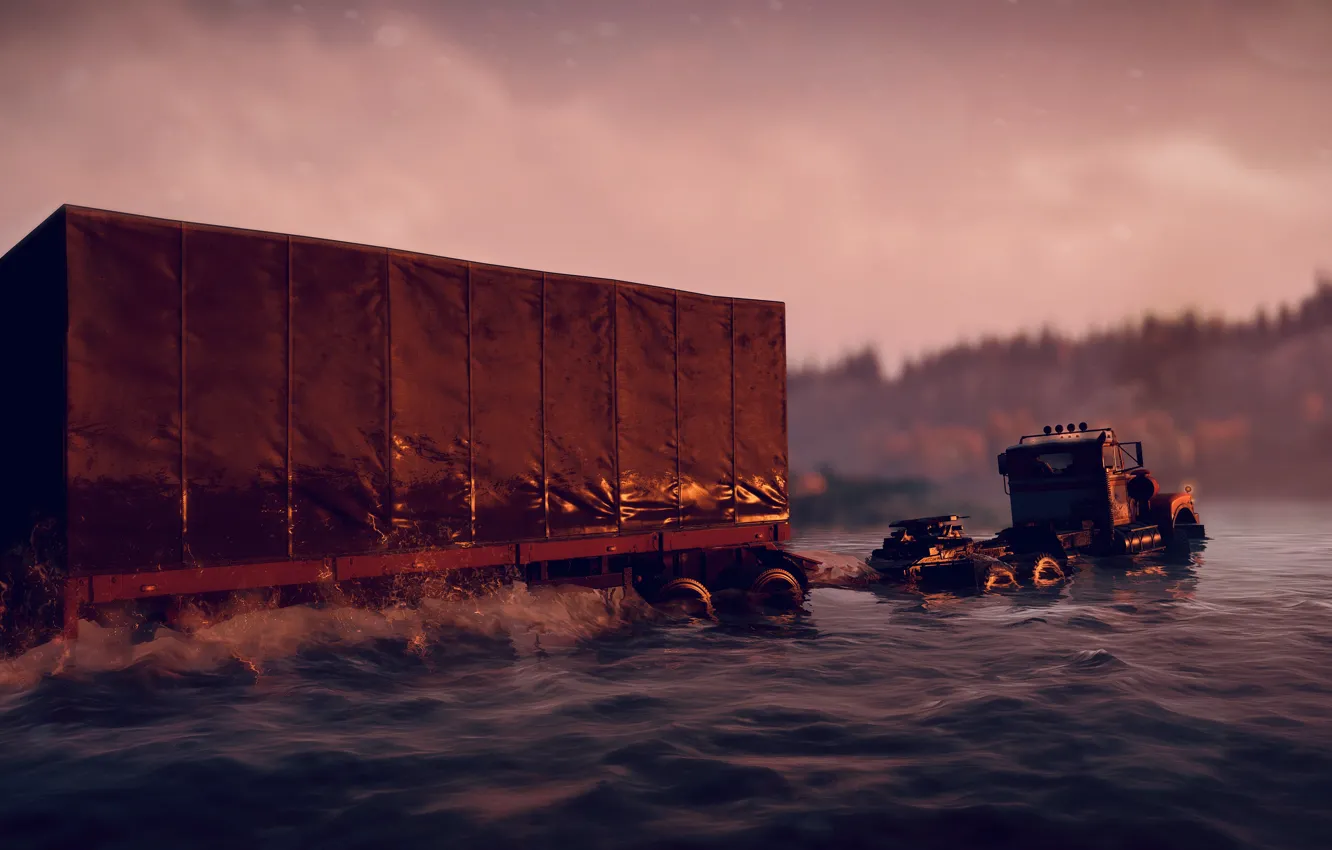 Photo wallpaper HDR, Wood, Water, Sunrise, Truck, Game, River, Flatbed Trailer