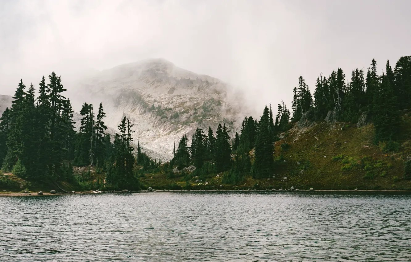 Photo wallpaper Mountains, Fog, Lake, River, Forest, Beauty, Landscape, Freshness