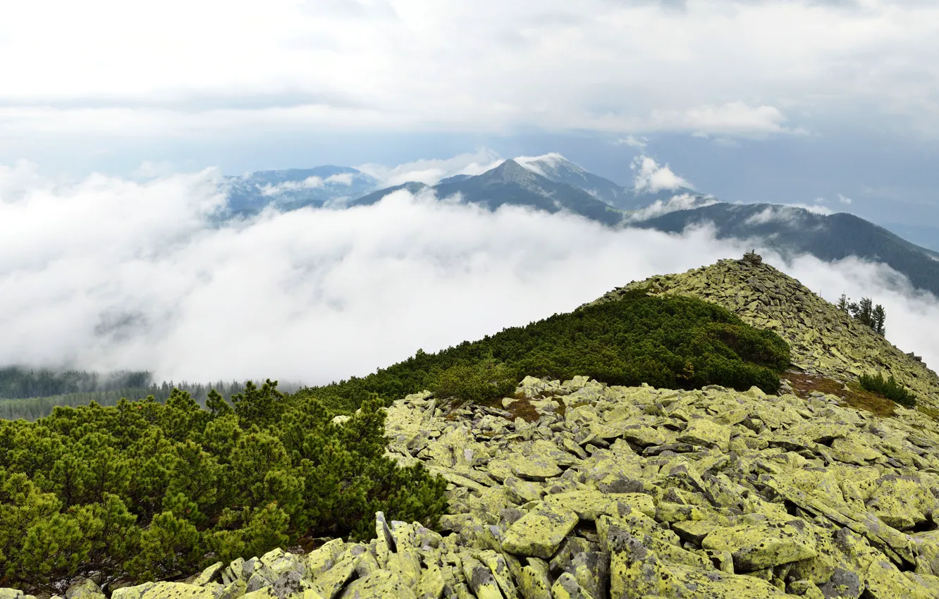 Photo wallpaper the sky, clouds, mountains, stones, panorama