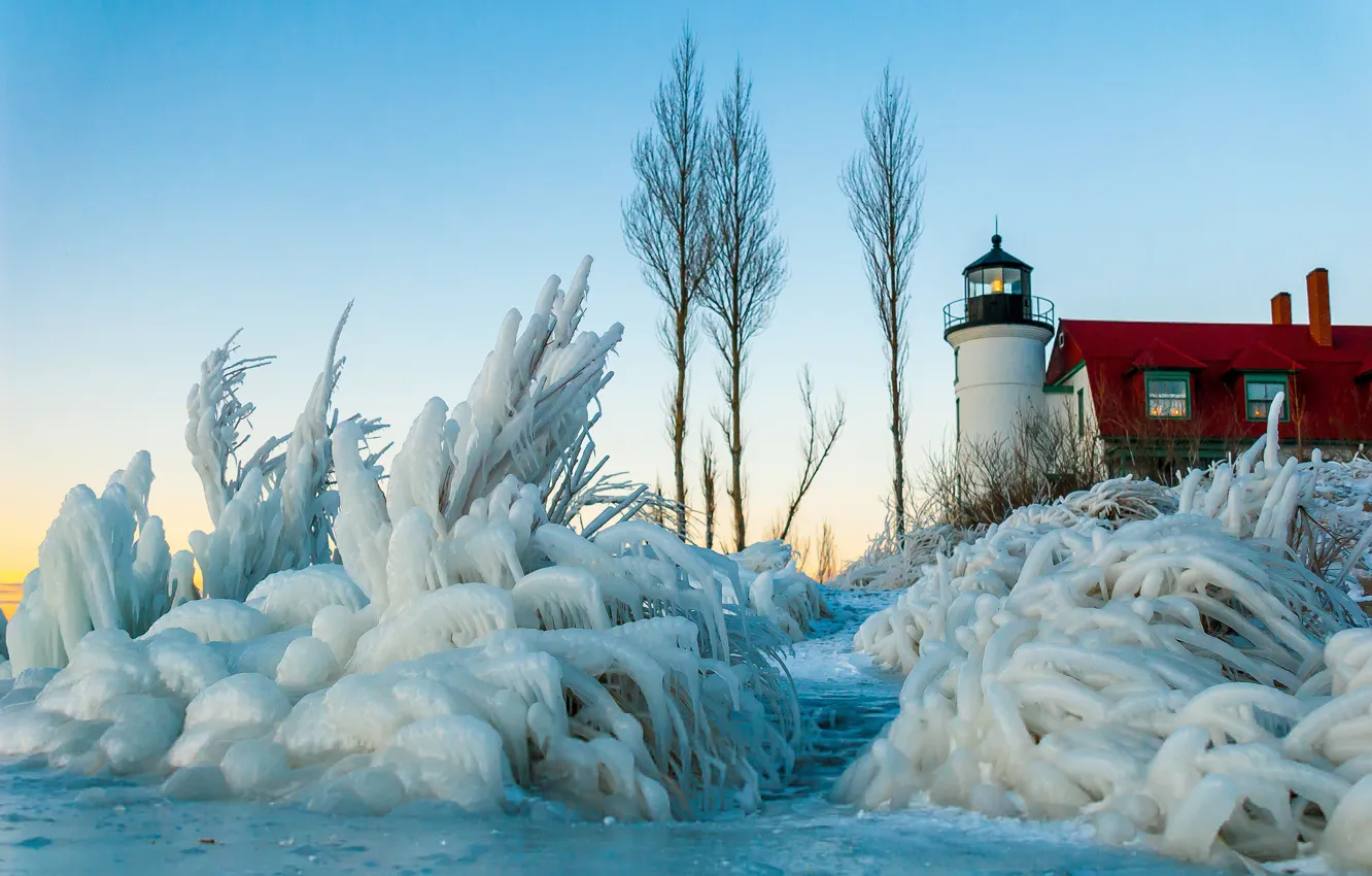 Photo wallpaper ice, winter, the sky, snow, lighthouse, home, the bushes