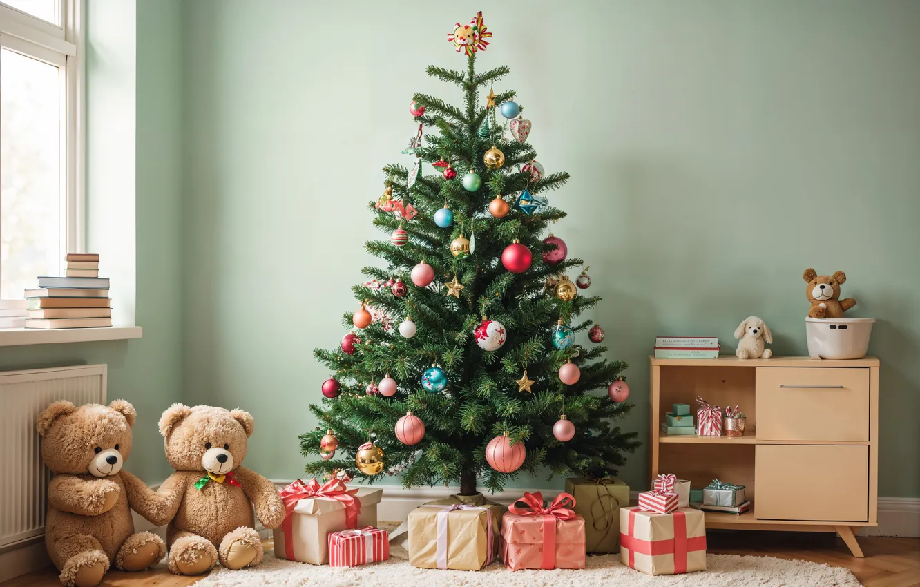 Photo wallpaper balls, room, wall, gift, toy, new year, window, Christmas