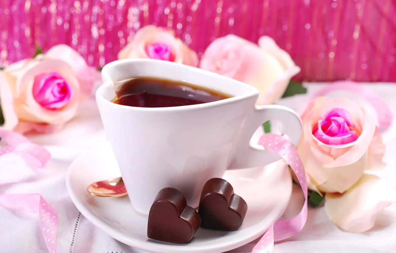 Photo wallpaper tea, roses, candy, Cup, hearts