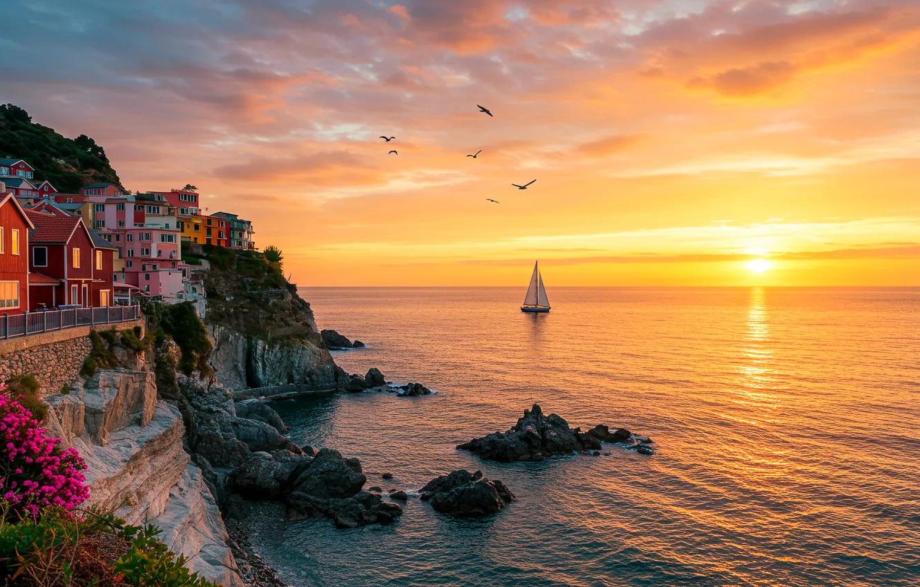 Photo wallpaper sea, sunset, the city, rocks, sailboat