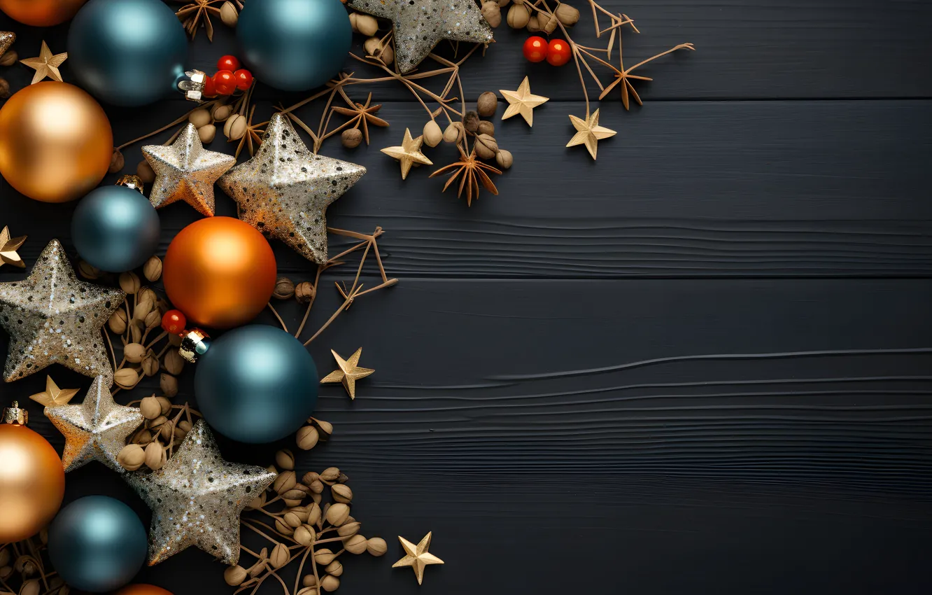 Photo wallpaper decoration, the dark background, balls, New Year, Christmas, dark, golden, new year