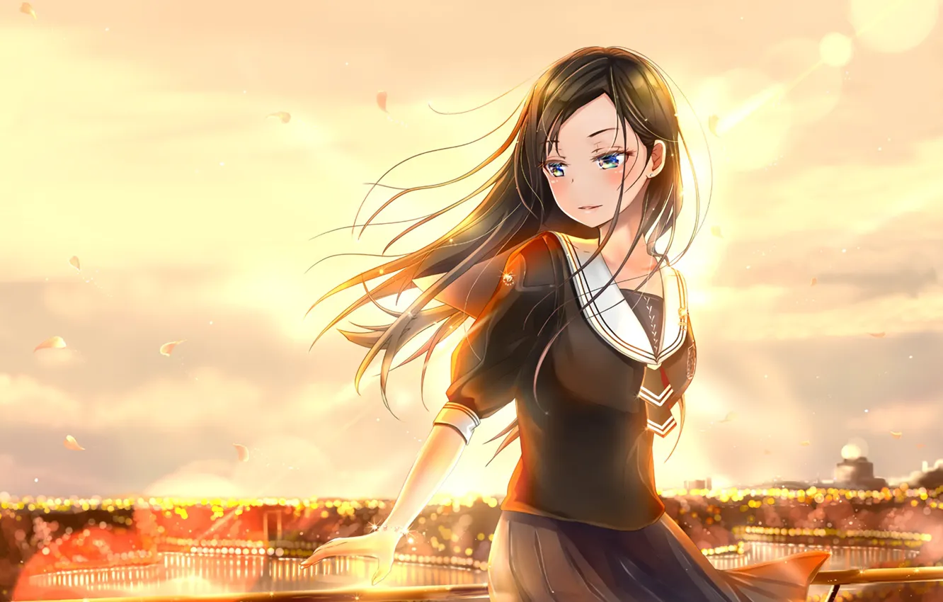 Photo wallpaper the sky, girl, sunset, the wind