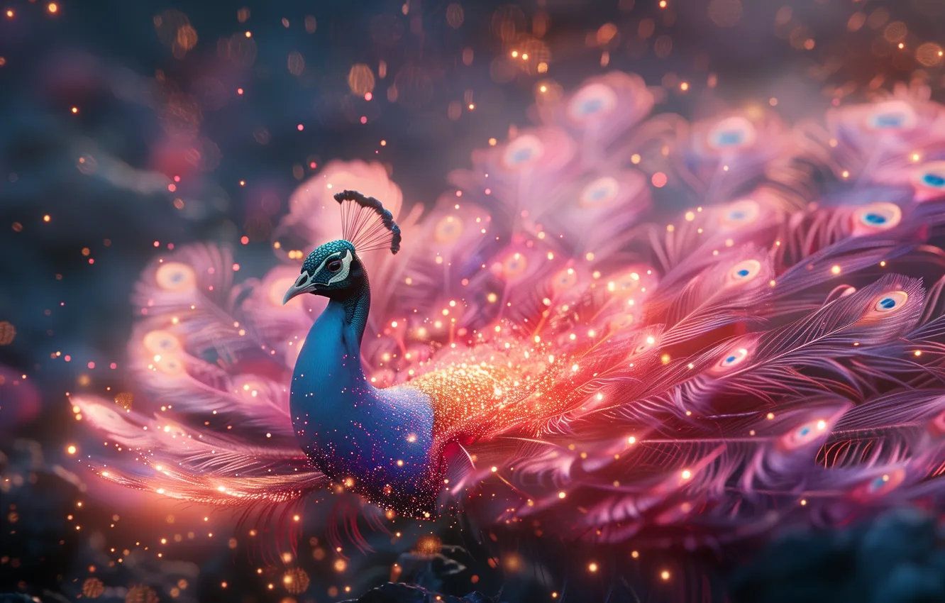 Photo wallpaper pink, peacock feathers, Peacocks, Particle, AI Art