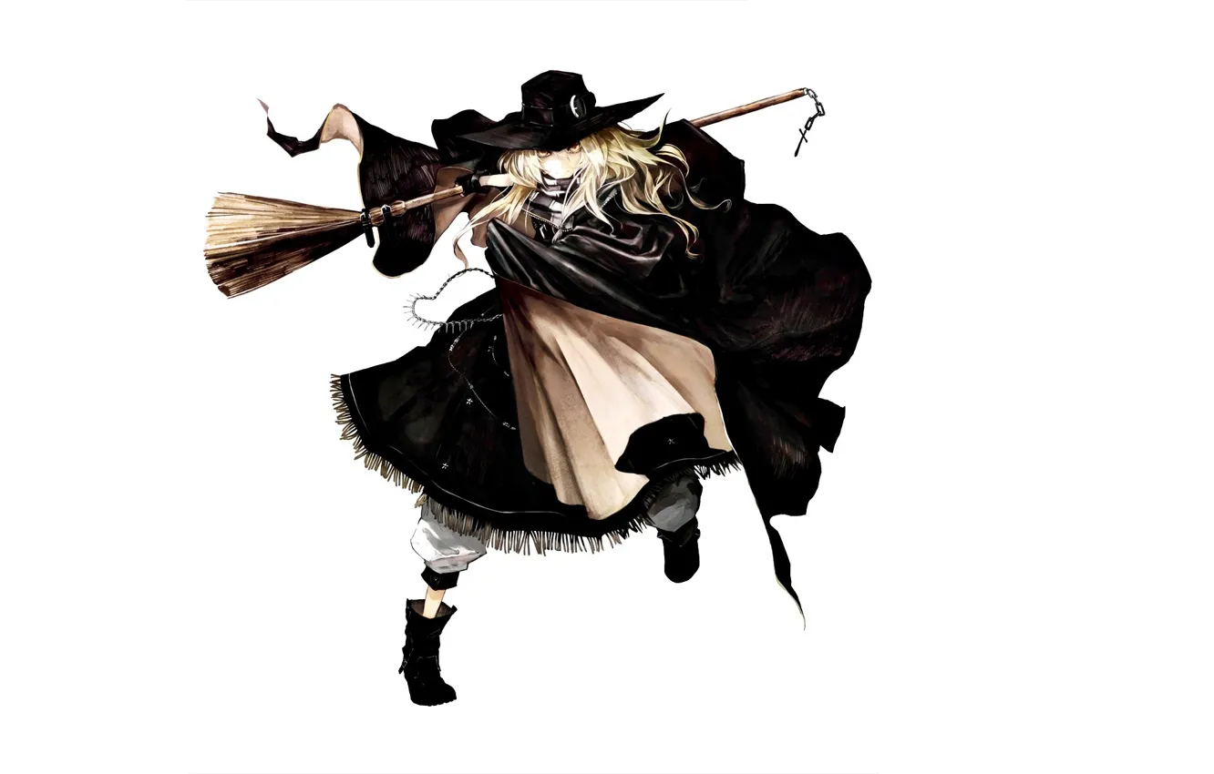 Photo wallpaper boots, costume, white background, witch, broom, cloak, art, witch hat
