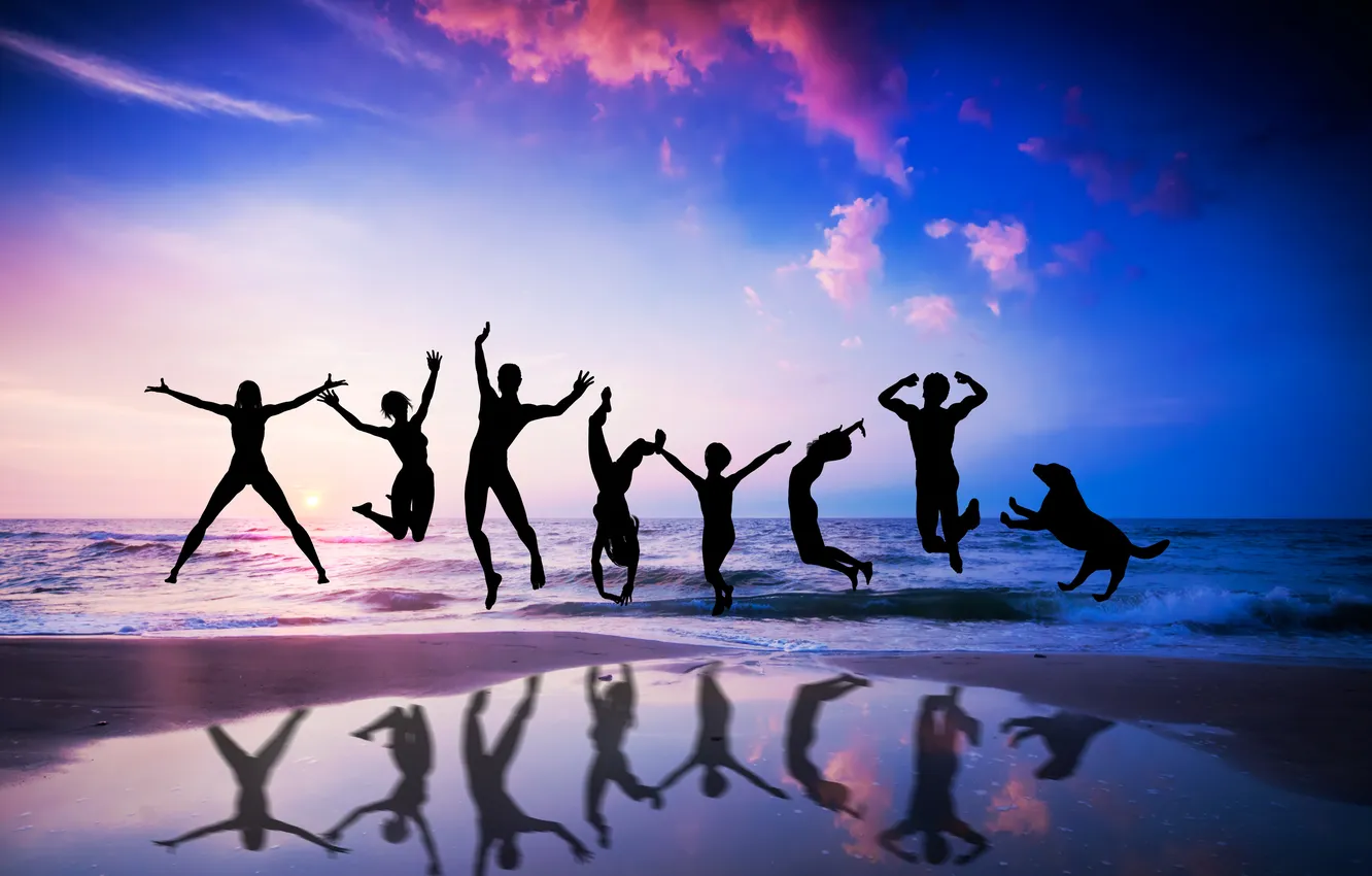 Photo wallpaper sea, beach, reflection, mood, jump, people, dog, silhouette