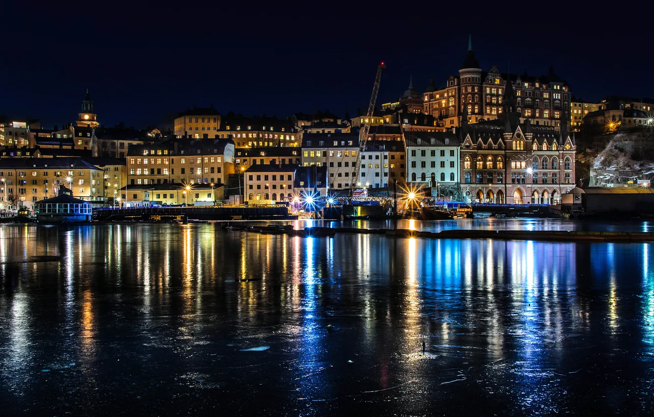 Photo wallpaper night, lights, reflection, Stockholm, Sweden