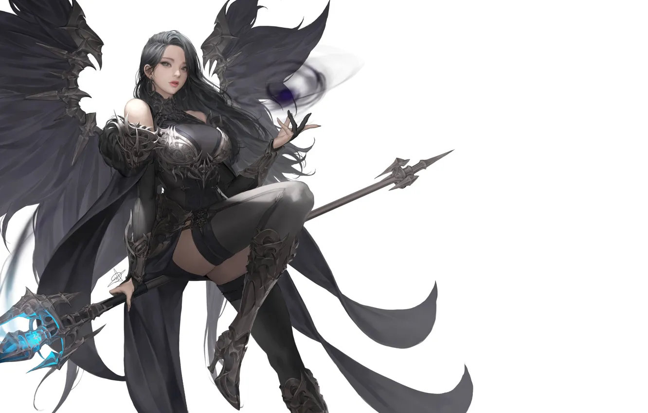 Photo wallpaper look, girl, pose, weapons, background, wings, costume, fantasy
