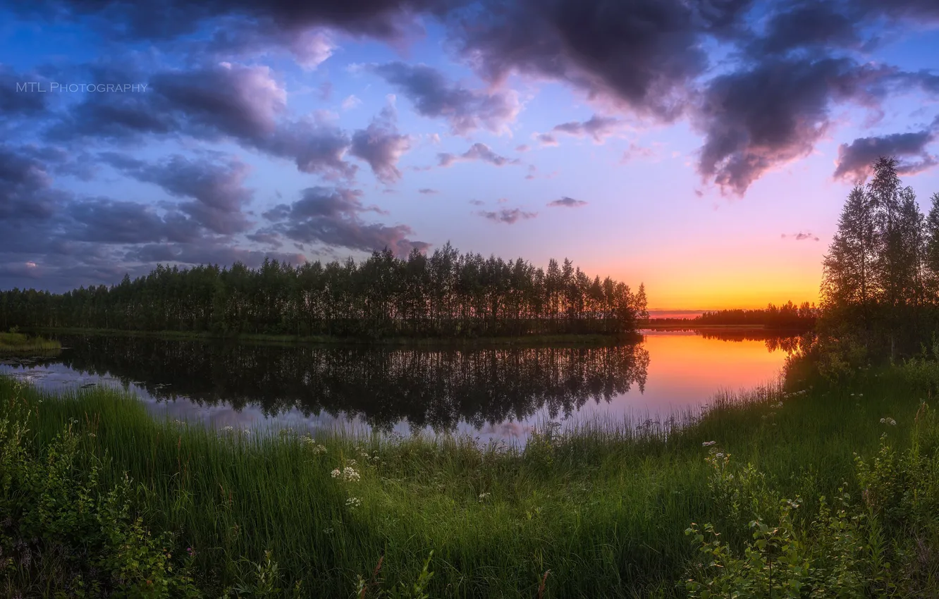 Photo wallpaper the sky, water, clouds, trees, sunset, nature, river, the evening