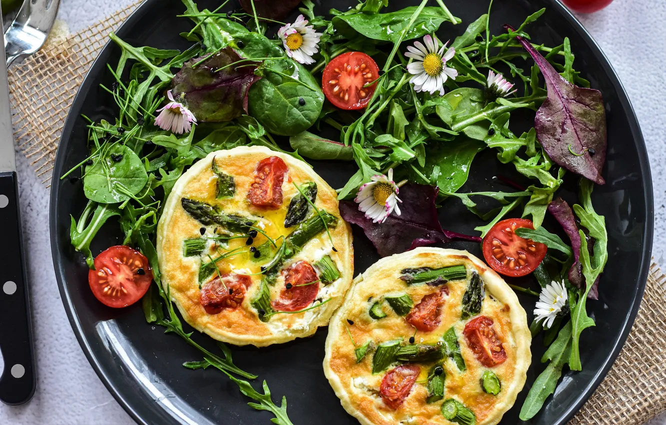 Photo wallpaper greens, scrambled eggs, dish, zepekanka
