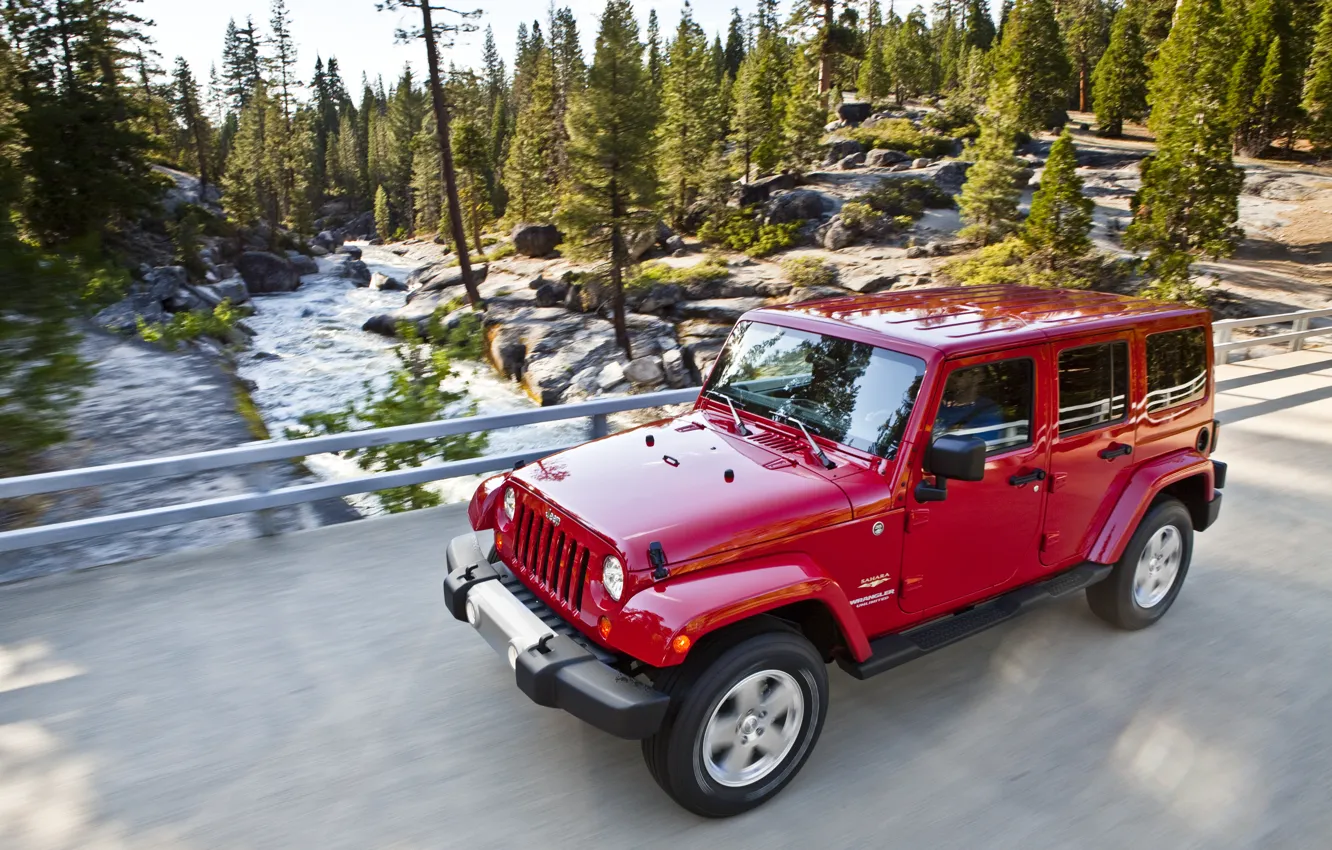 Photo wallpaper Red, Road, Jeep, Sahara, Wrangler, Jeep