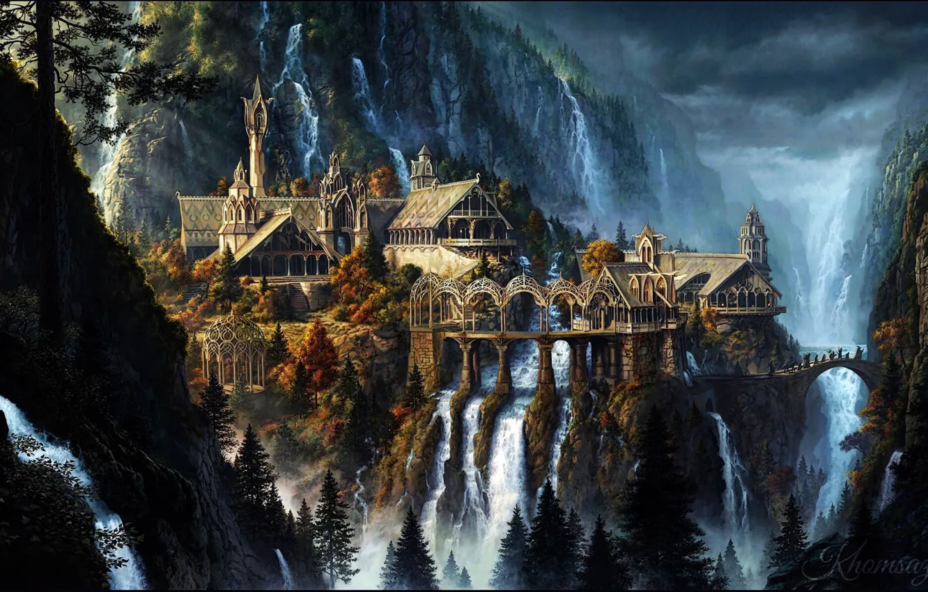 Photo wallpaper landscape, mountains, nature, the city, fiction, waterfall, the Lord of the rings, architecture