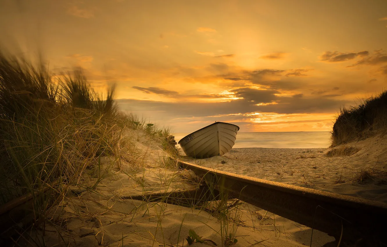 Photo wallpaper sea, sunset, coast, boat, the evening