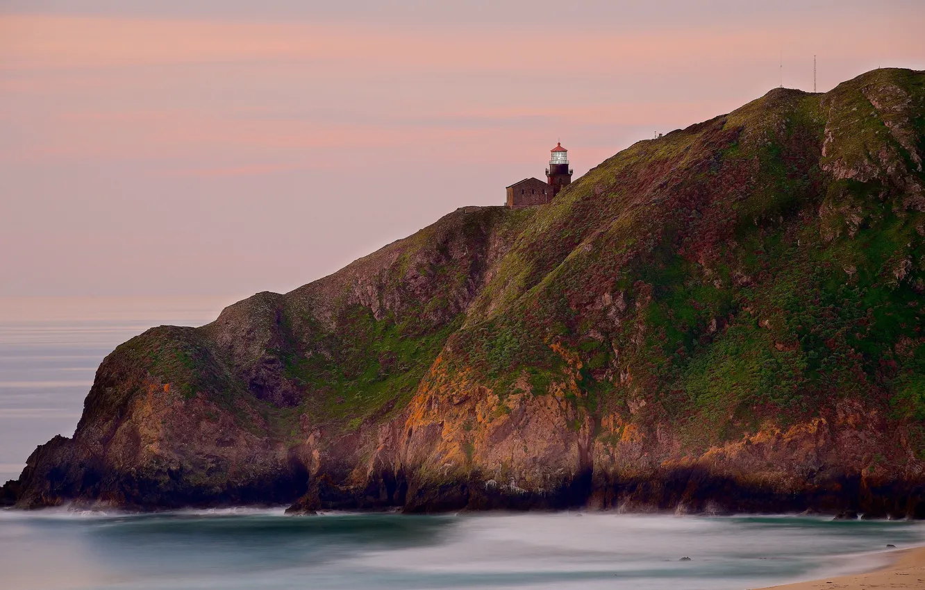 Photo wallpaper sea, clouds, rocks, dawn, lighthouse, moss, morning, rocky shore