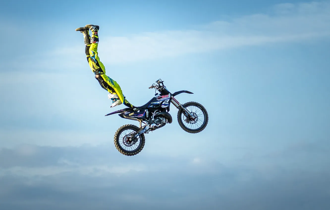 Photo wallpaper maneuver, rider, motocross, freestyle, sky, clouds, FMX, extreme sports