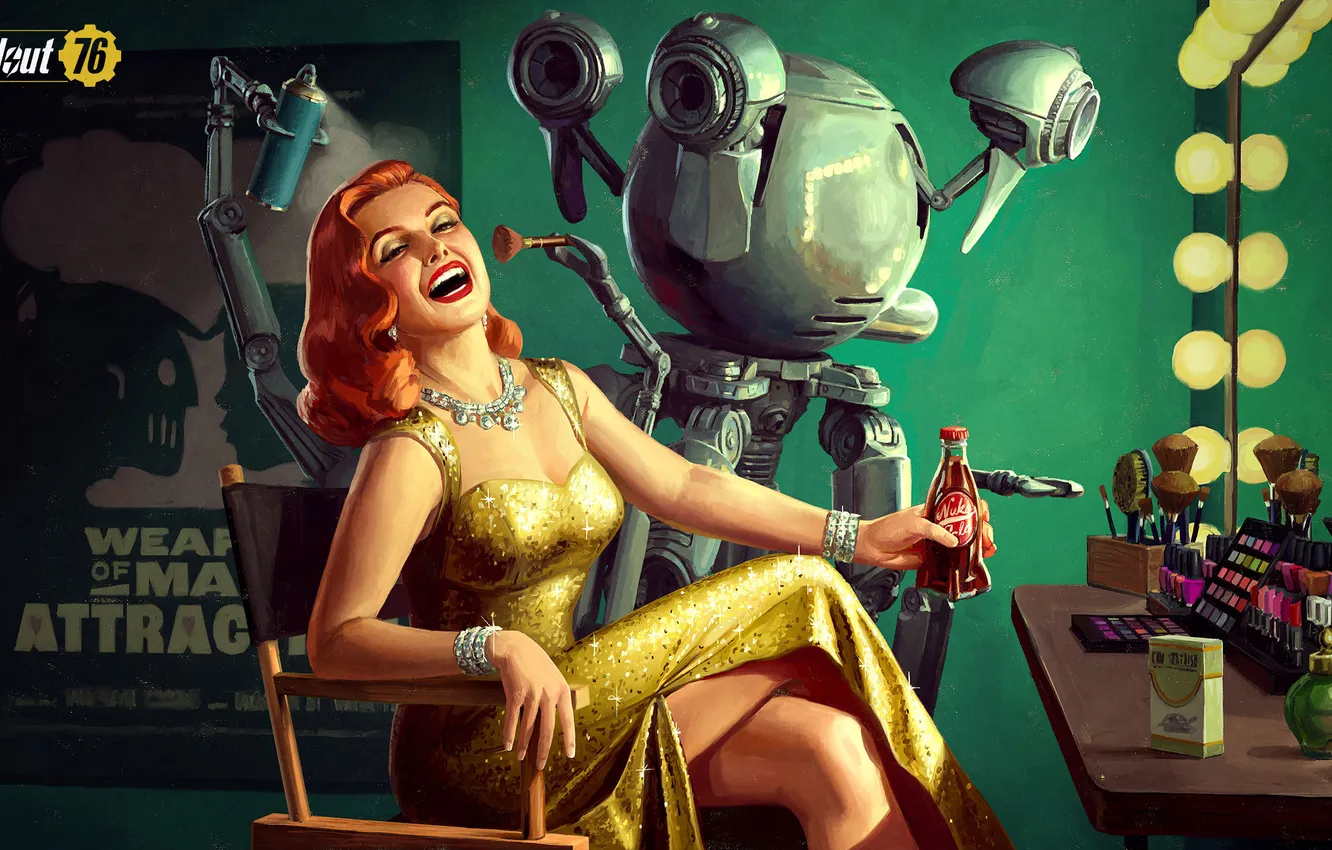 Photo wallpaper redhead, sitting, red lipstick, open mouth, laughing, legs crossed, shoulder length hair, women indoors