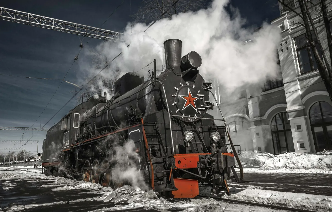 Photo wallpaper star, smoke, steam, snow, station, train, steel, technology