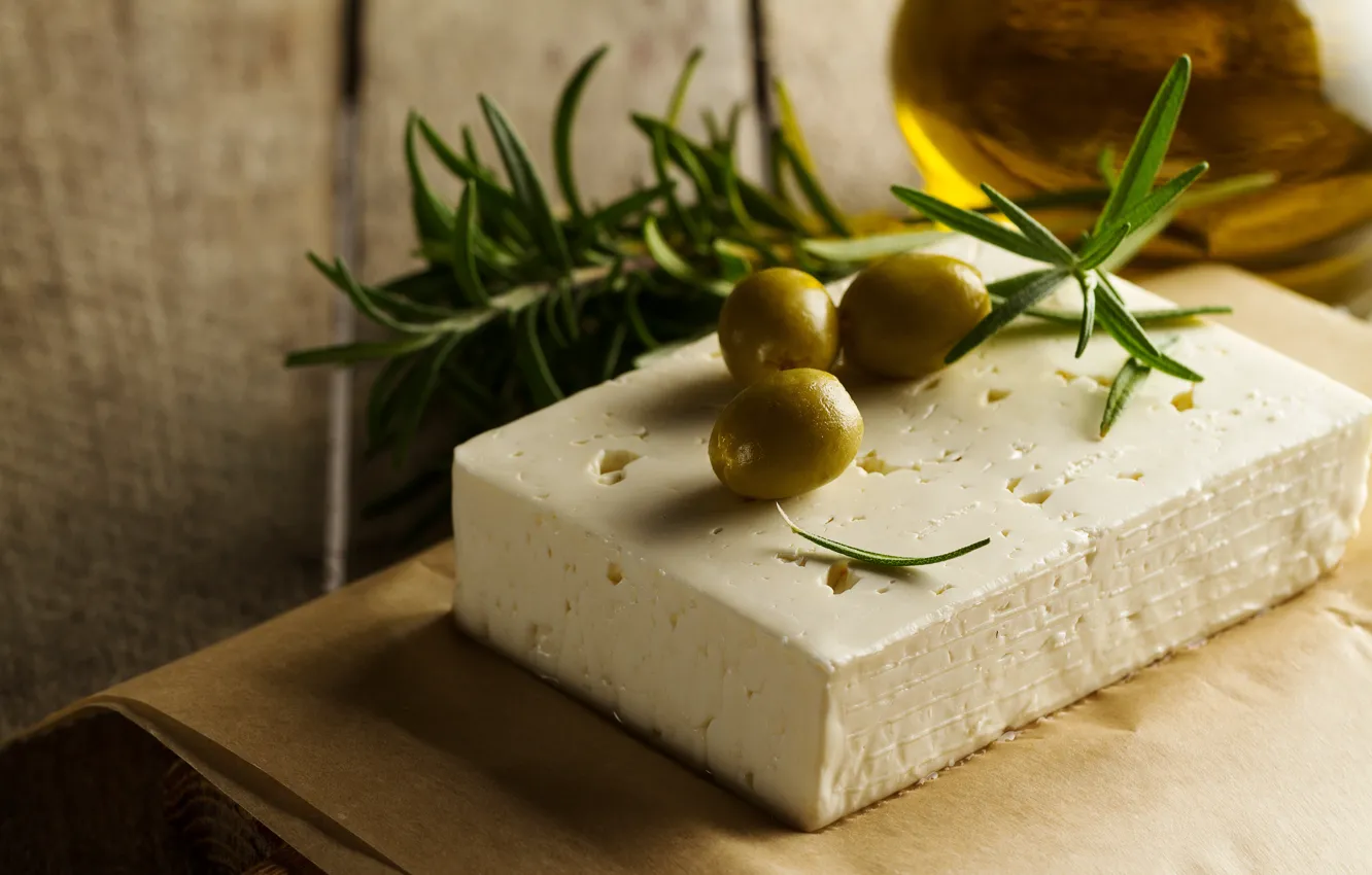 Photo wallpaper sprig, food, cheese, parchment, olives, piece, bokeh, olive oil