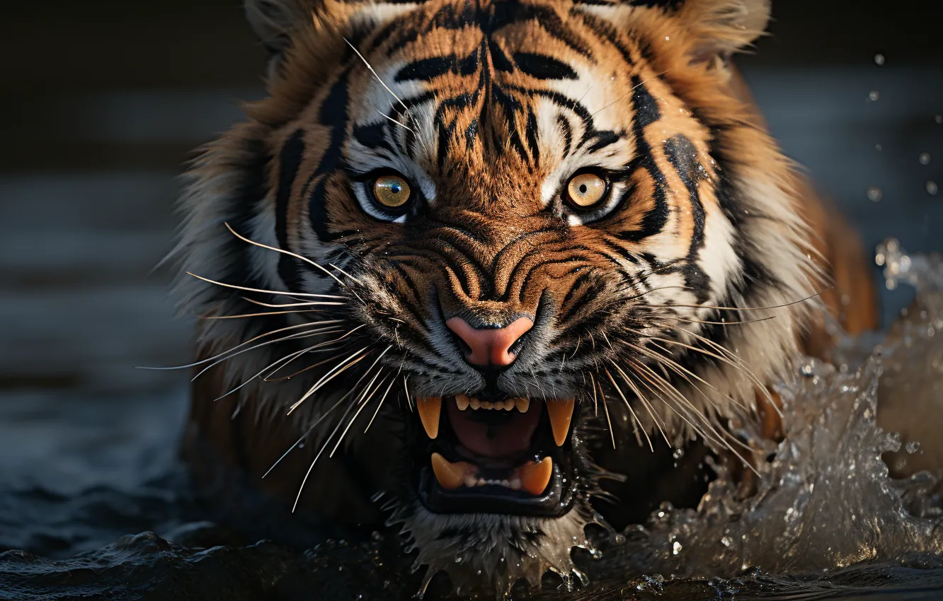 Photo wallpaper water, tiger, predator, fangs, grin, evil, big cat, closeup