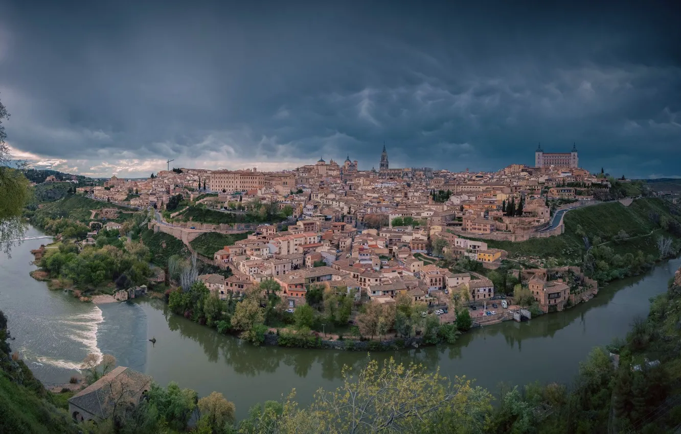 Photo wallpaper river, building, home, panorama, Spain, Toledo, Spain, Toledo