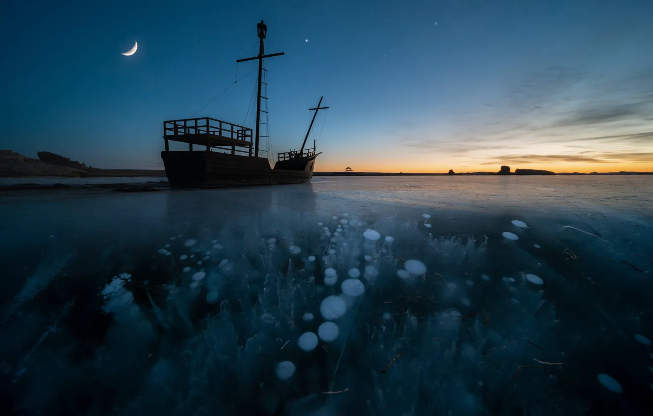 Photo wallpaper ice, boat, ship, sailboat, The ship, pond