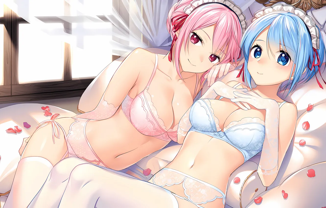 Photo wallpaper sexy, lingerie, bra, cleavage, panties, thighhighs, pink hair, girls