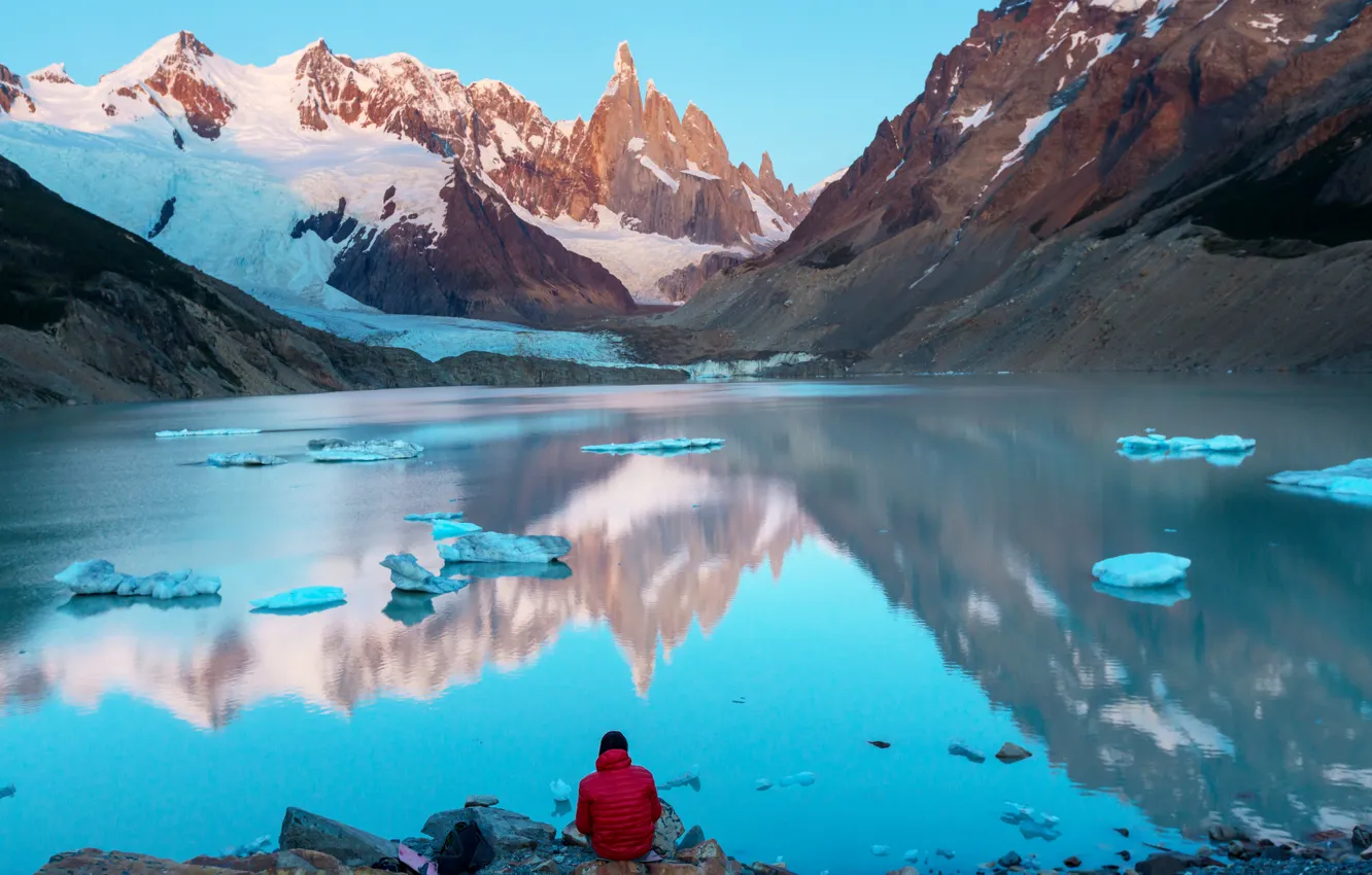 Photo wallpaper ice, snow, mountains, lake, stones, Argentina, Patagonia, Cerro Torre