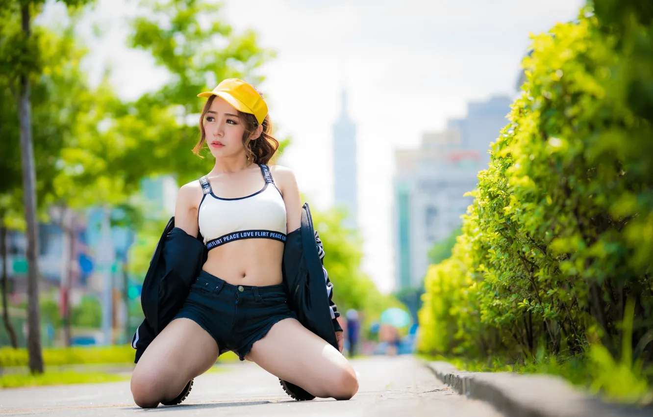 Photo wallpaper pose, cap, Asian, shrub, bokeh, cute girl, denim shorts, city photo shoot