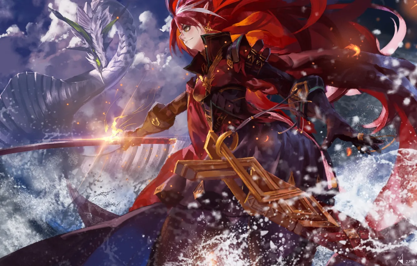 Photo wallpaper the sky, girl, clouds, squirt, weapons, magic, dragon, sword