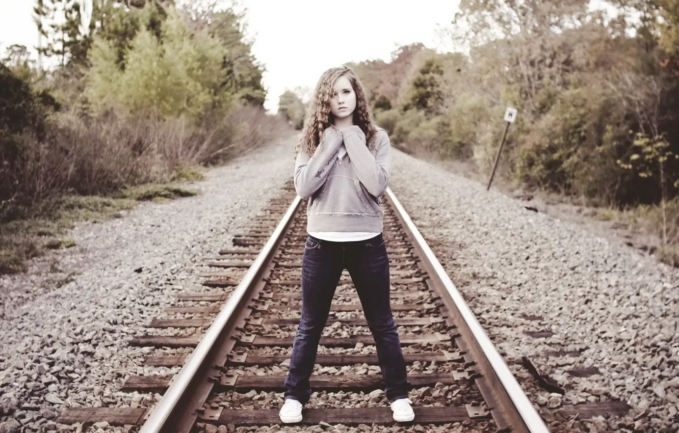 Photo wallpaper girl, background, railroad