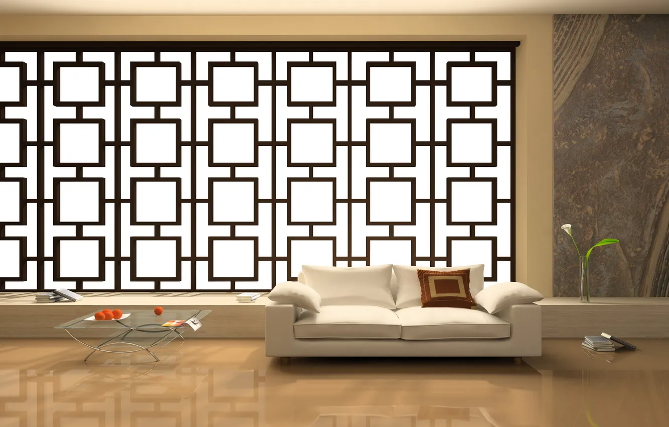 Photo wallpaper style, table, room, sofa, interior, pillow, fruit, flat design