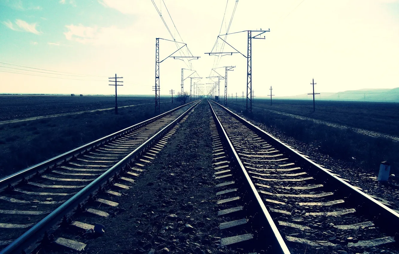 Photo wallpaper road, field, the sky, the sun, clouds, photo, posts, rails