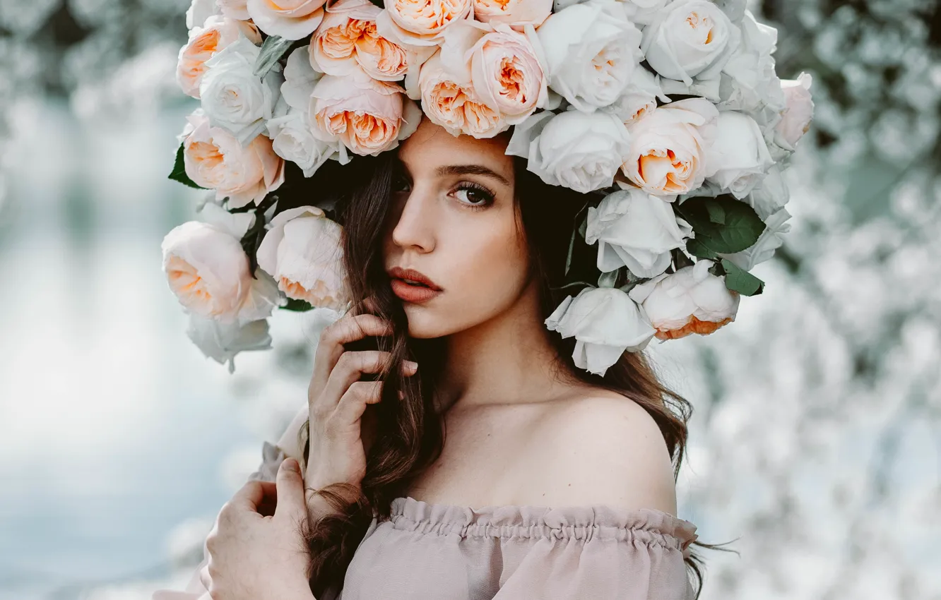 Photo wallpaper look, girl, flowers, face, roses, beauty