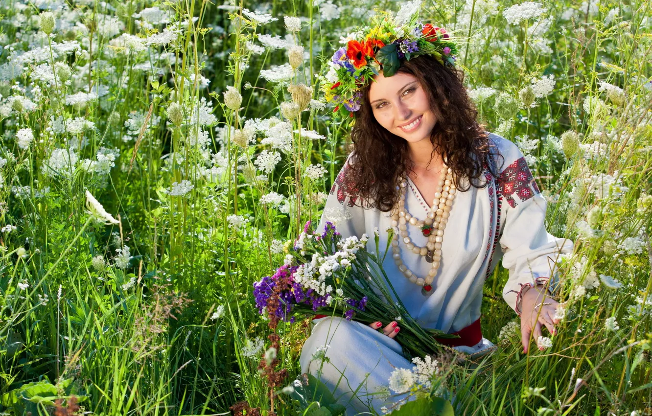 Photo wallpaper field, summer, girl, flowers