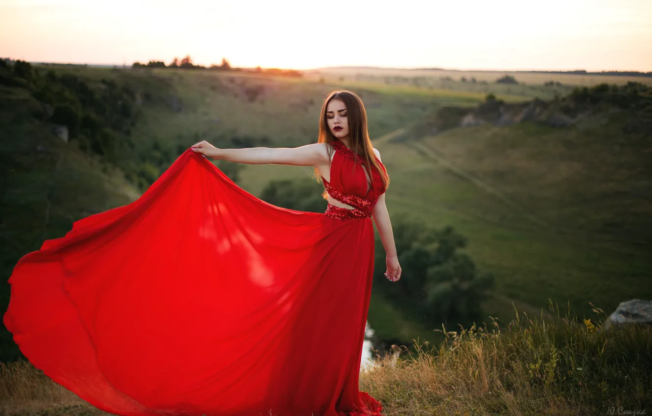 Photo wallpaper girl, sunset, nature, dress, Julia Tale