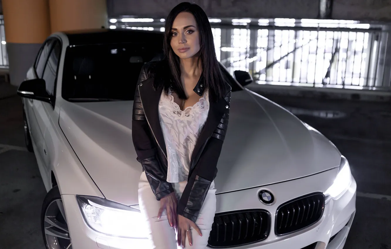Photo wallpaper look, girl, BMW, beautiful girl, Valeria, white car, posing on the car