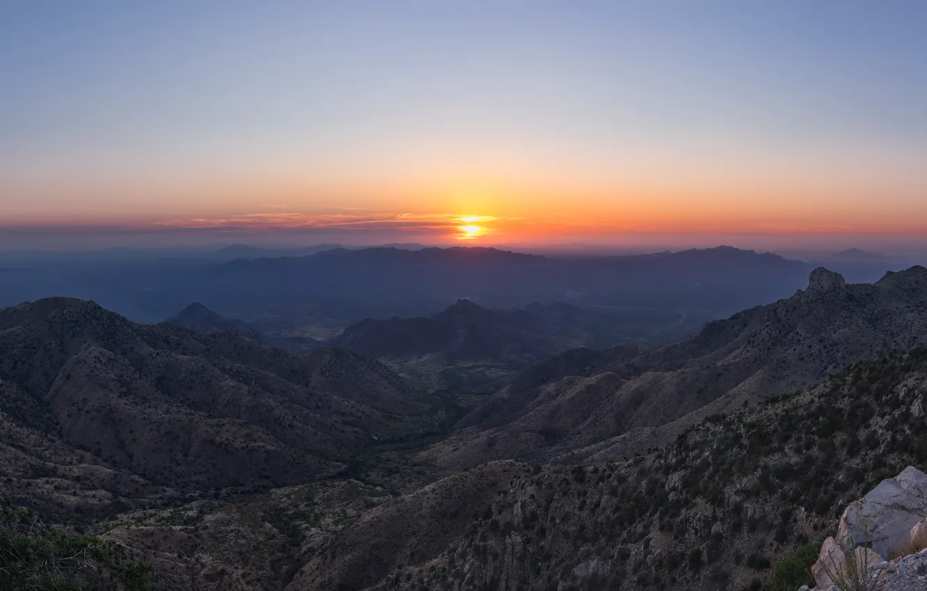 Photo wallpaper the sky, the sun, mountains, fog, blue, dawn, hills, vegetation