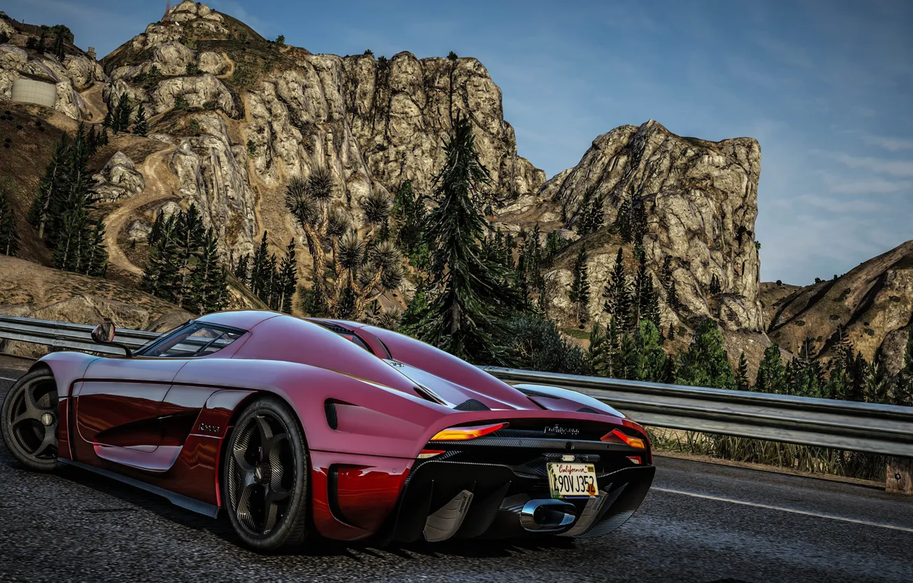 Photo wallpaper road, mountains, supercar, Grand Theft Auto V, Koenigsegg Regera