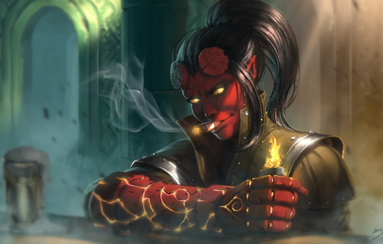 Photo wallpaper girl, lights, the demon, lighter, cigar, the devil, fist, fan art