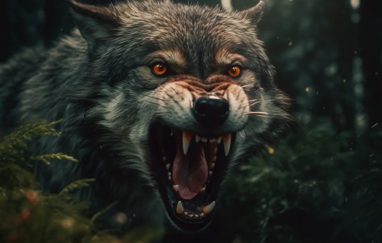 Photo wallpaper look, face, wolf, portrait, mouth, grin, evil, digital art