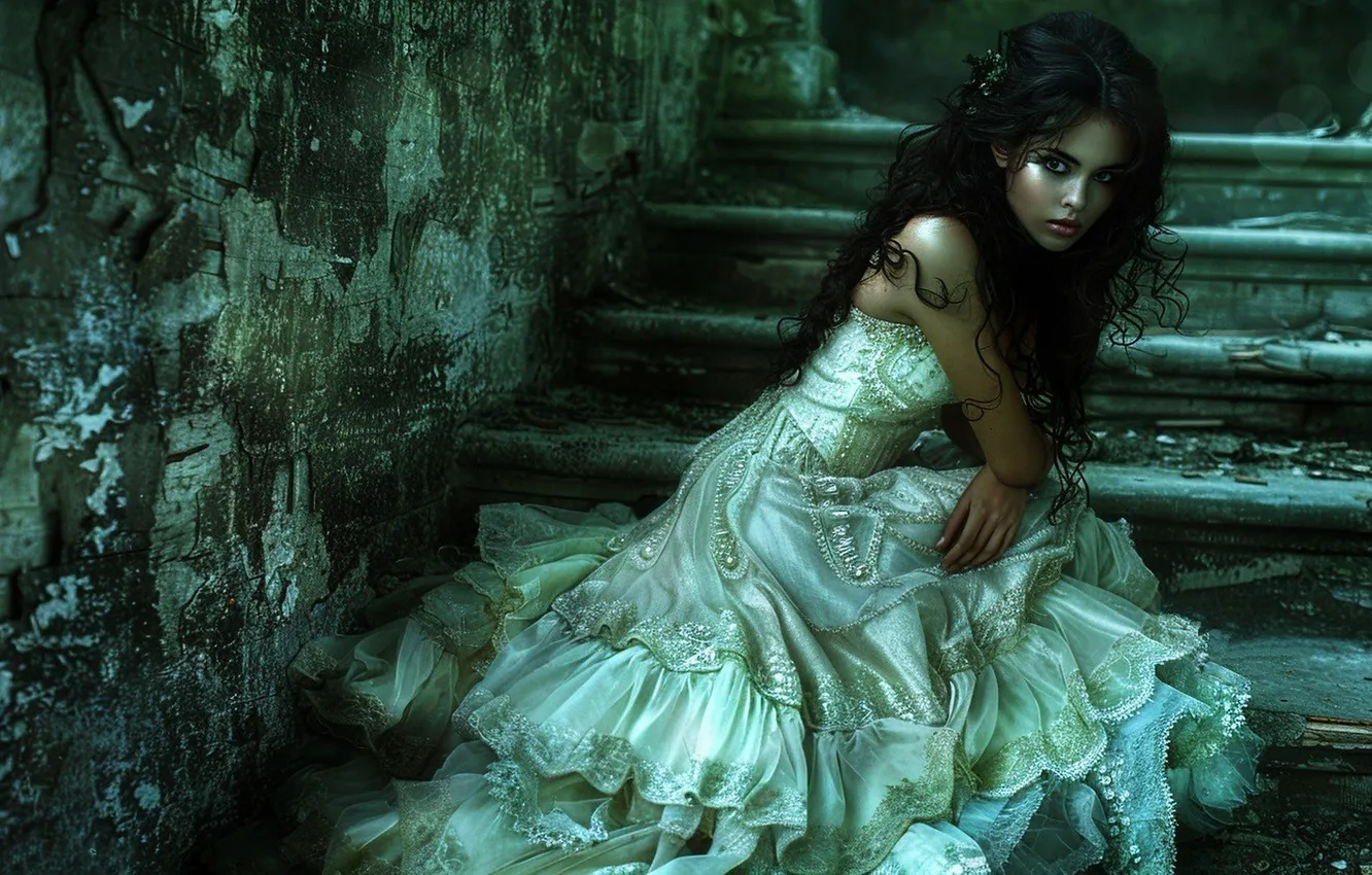 Photo wallpaper look, girl, pose, fantasy, wall, hands, brunette, fantasy