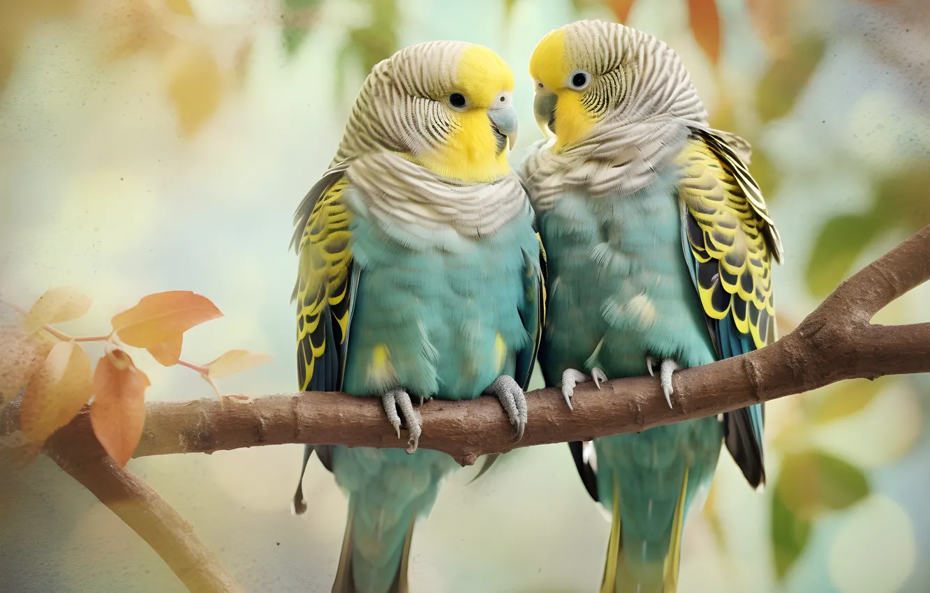 Photo wallpaper branches, bird, parrot, a couple, wavy, digital art, Budgerigars, AI art