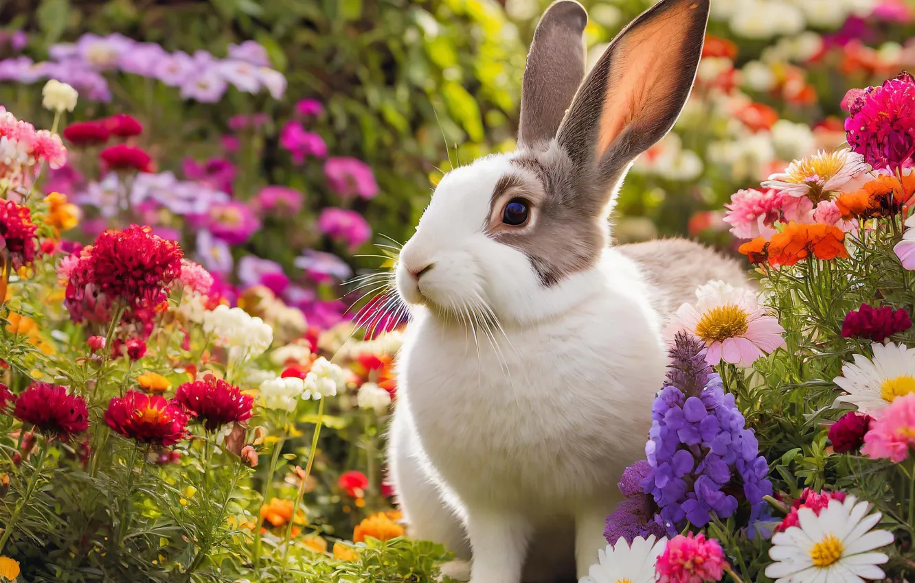 Photo wallpaper summer, flowers, hare, rabbit, AI art, neural network